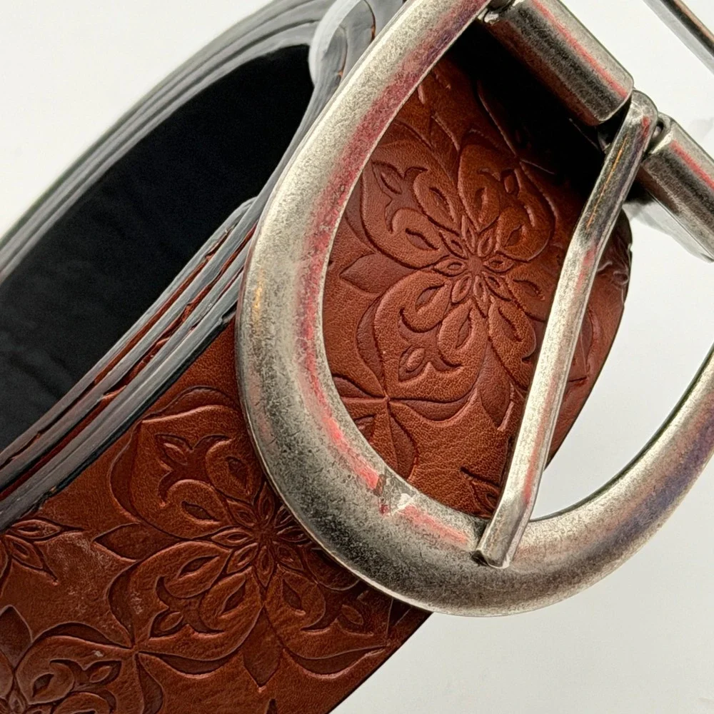 Womens Brown Floral Tooled Embossed Reversible Belt Silver Buckle Boho Western